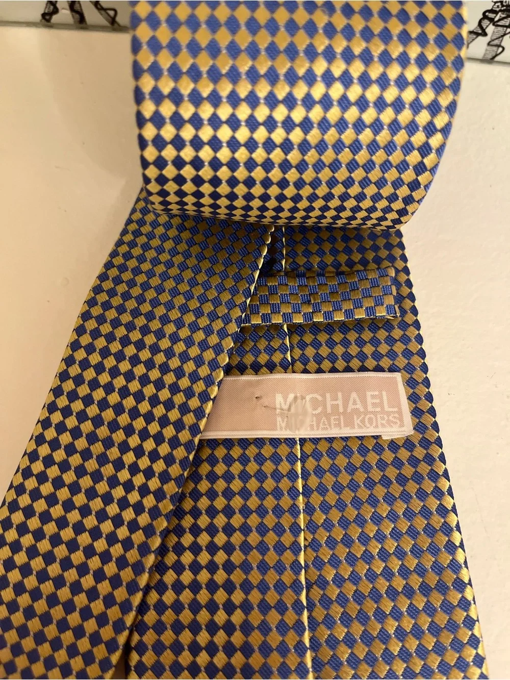 Michael Kors Men's Silk Tie Gold Blue Checkered 100% Silk
